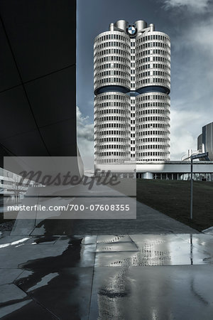 View of the BMW Administrative Building from the BMW Welt, Munich, Bavaria, Germany.