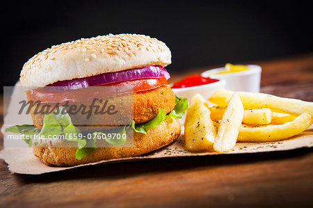 veggie burger with fried potatoes on a piece of paper