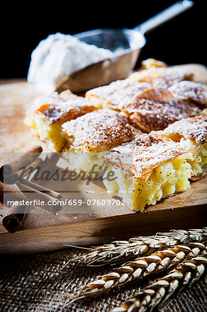 Bougatsa (breakfast pastries made from filo pastry and semolina pudding with cinnamon, Greece)