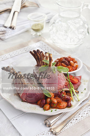 Lamb chops with assorted beans in tomato sauce