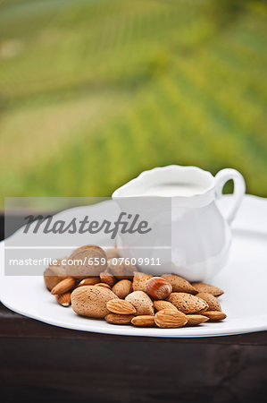 Assorted nuts and a jug of milk on a wooden table