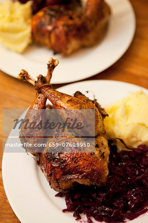 Roast pheasant with red cabbage and mashed potato
