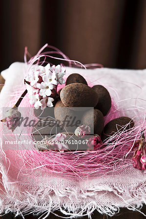 Chocolate covered almonds in an Easter nest