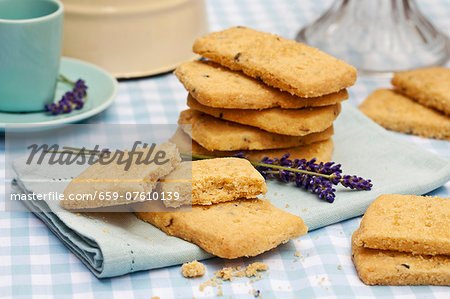 Lavender shortbread biscuits on a light blue napkin