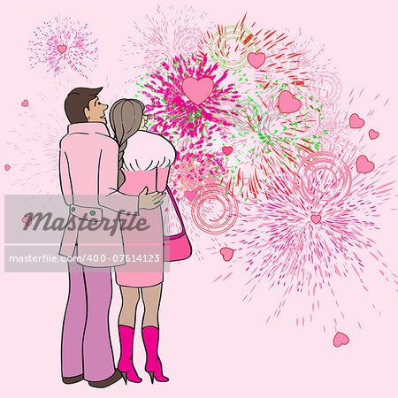 Valentine's Day card, cartoon hand drawn illustration of two lovers watching fireworks and hearts in the sky