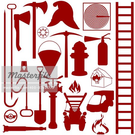 Contours of fire tools, supplies and equipment for fire fighting. Illustration on white background.