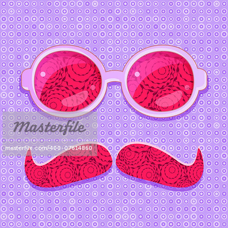 Pink Glasses and Mustaches with Simple Pattern. Vector Retro Background