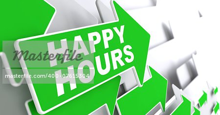 Happy Hours on Direction Sign - Green Arrow on a Grey Background.