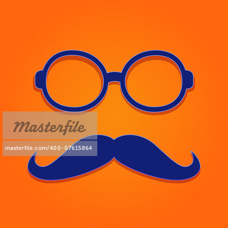 Dark Blue Frame Glasses with Moustaches Isolated on Orange Background. Flat Design