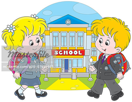 Schoolgirl and schoolboy walking to school