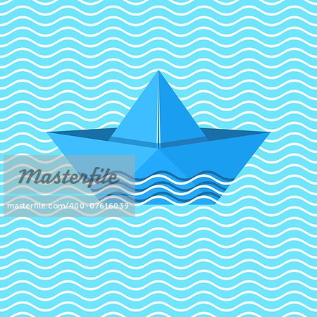 Blue vector paper origami boat in sea waves
