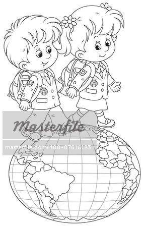 Schoolgirl and schoolboy walking together on a big globe
