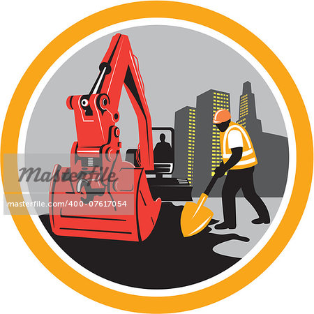 Illustration of a construction mechanical digger excavator with construction worker digging with shovel buildings in background set inside circle done in retro style.