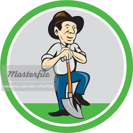 Illustration of AN organic farmer standing with shovel facing front set inside circle done in cartoon style.