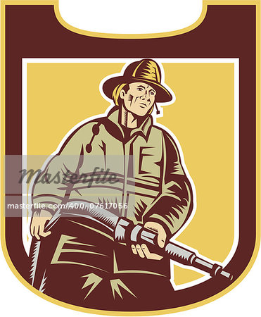 Illustration of a fireman fire fighter emergency worker holding fire hose viewed from front set inside shield done in retro style.