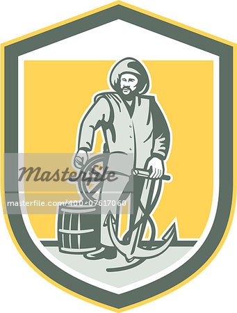 Illustration of a fisherman sea captain holding anchor at the helm with steering wheel and drum set inside shield crest done in retro style.