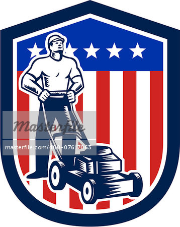 Illustration of male gardener mowing with lawn mower in american flag stars stripes set inside a shield done in retro woodcut style.