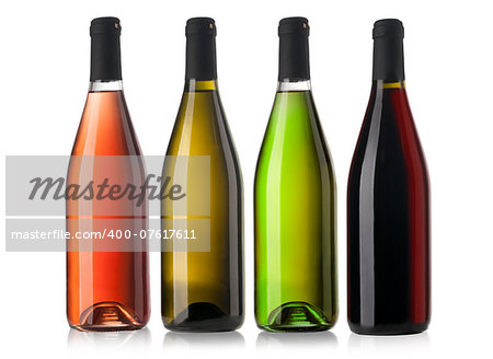 Set of white, rose, and red wine bottles. isolated on white background