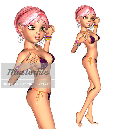 Digitally rendered image of a fashion girl with pink hair in violet bikini.