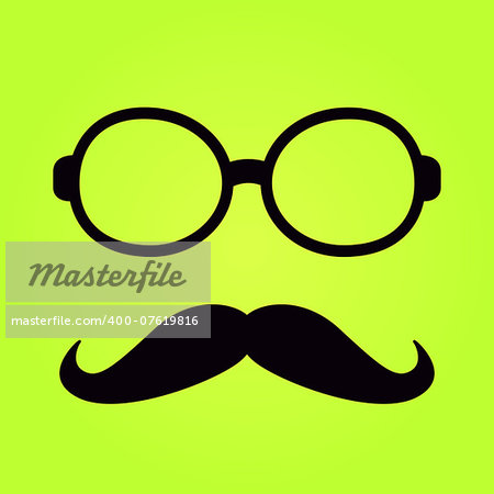 Black Glasses Frame with Moustach Isolated on Green Background. Flat Design