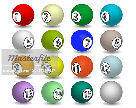 billiard balls of different colors with numbers on white background