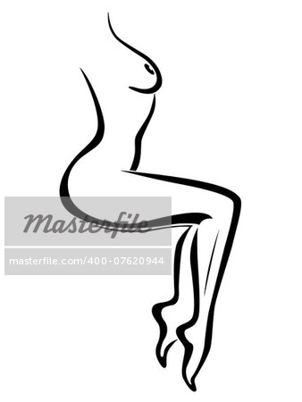 Abstract outline of sexy sitting woman body, black over white hand drawing sketching vector artwork