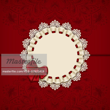 Elegant template luxury invitation, gift card with lace ornament, bow,  ribbon, place for text. Floral elements, ornate background. Vector illustration EPS 10.