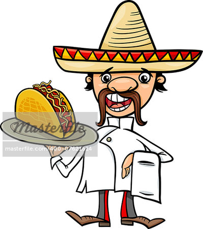 Cartoon Illustration of Funny Mexican Chef or Waiter with Taco