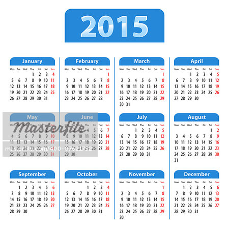 Blue glossy English calendar for 2015. Mondays first. Vector illustration