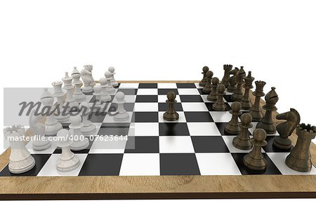 Chess pieces facing off on board on white background