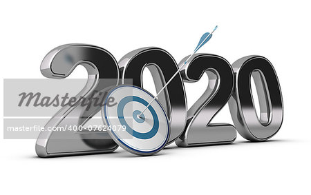 2020 year, two thousand twenty wit on target and one arrow hitting the center. conceptual image over white background for illustration  of long term objectives