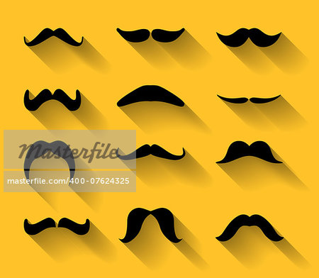 Collection of various type of mustaches with shadows. Vector illustration