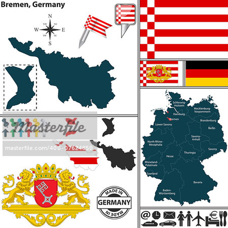 Vector map of state Bremen with coat of arms and location on Germany map