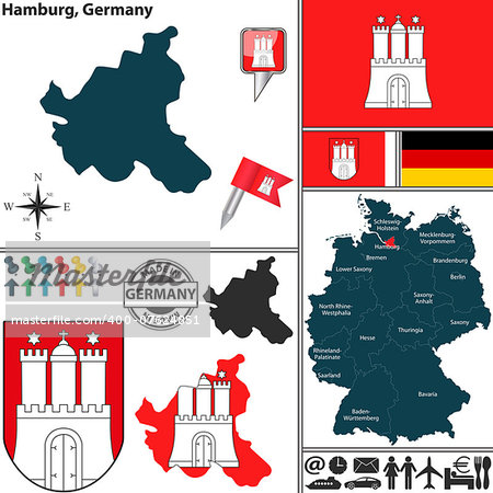 Vector map of state Hamburg with coat of arms and location on Germany map