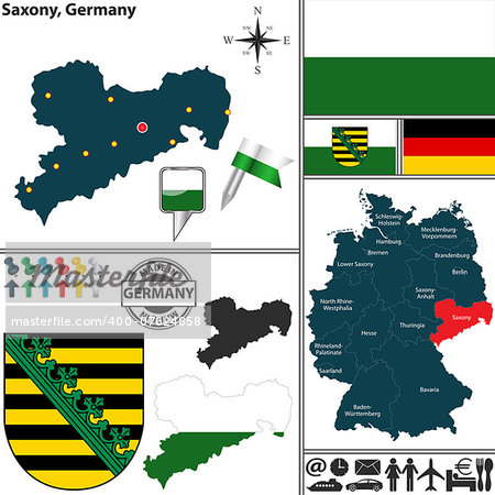 Vector map of state Saxony with coat of arms and location on Germany map