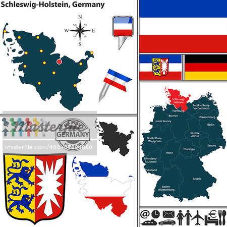 Vector map of state Schleswig-Holstein with coat of arms and location on Germany map