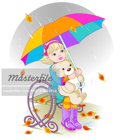 Little girl and Teddy Bear under umbrella