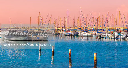 Yachts and boats on marina in Ashkelon - touristic resort on Mediterranean sea in Israel (panorama).