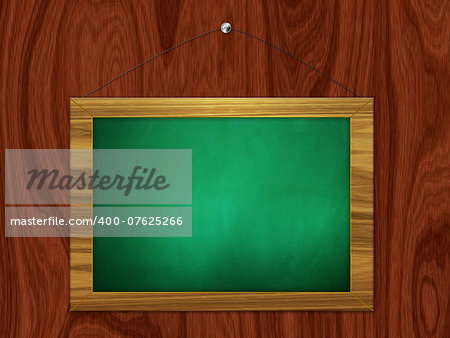 Illustration blank green chalkboard hanging on wooden background.