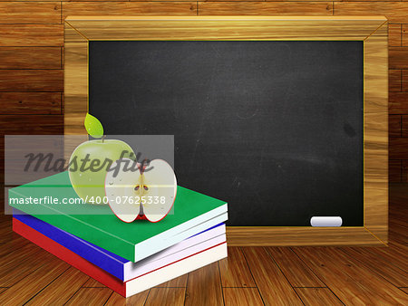 Blackboard, school books and apples on wood background.