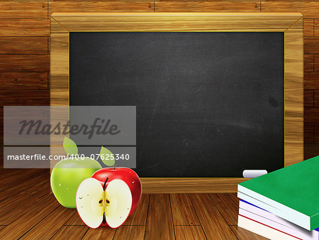 Blackboard, school books and apples on wood background.
