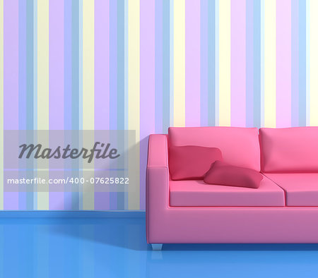 Modern interior composition with a striped wallpapers and pink sofa.3d rendered.