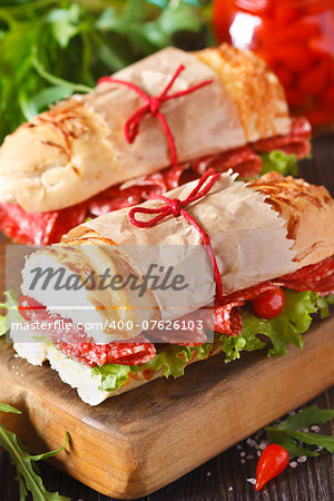 Tasty salami sandwiches on a cooking board close-up.