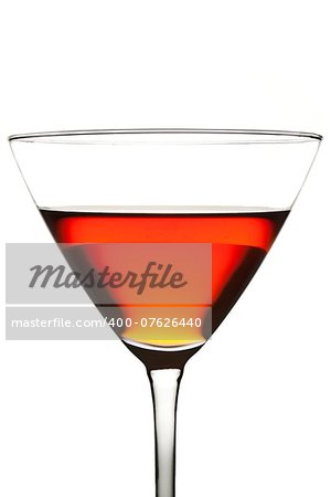 a glass with a red cocktail on a white background