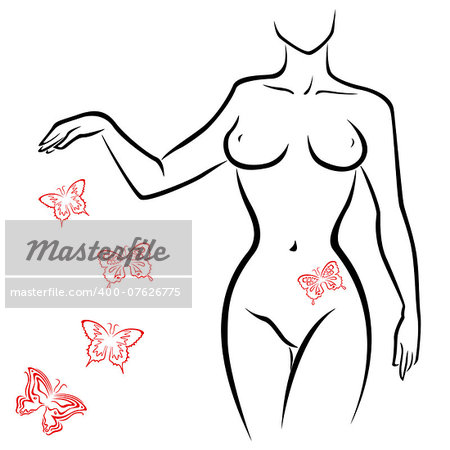Abstract outline of a sexy woman body with red butterflies, hand drawing sketching vector artwork
