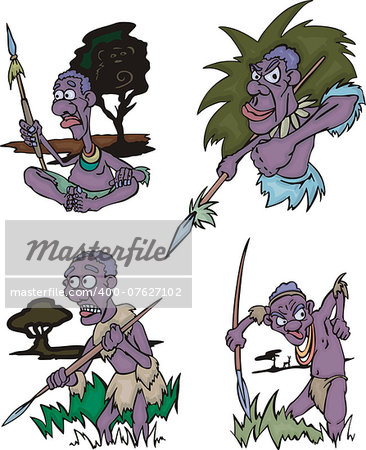 Cartoon African aborigines hunters. Set of vector illustrations.