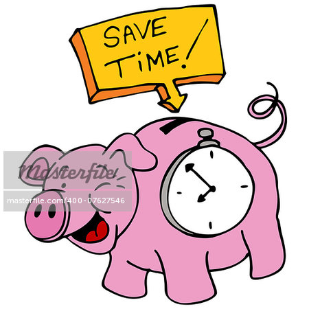 An image of a save time piggy bank with a clock inside his belly.