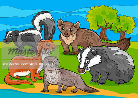 Cartoon Illustrations of Funny Mustelids Mammals Animals Mascot Characters Group