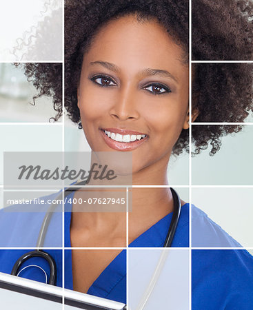 Grid montage of an african american woman, nurse doctor in hospital with a tablet computer and stethoscope.