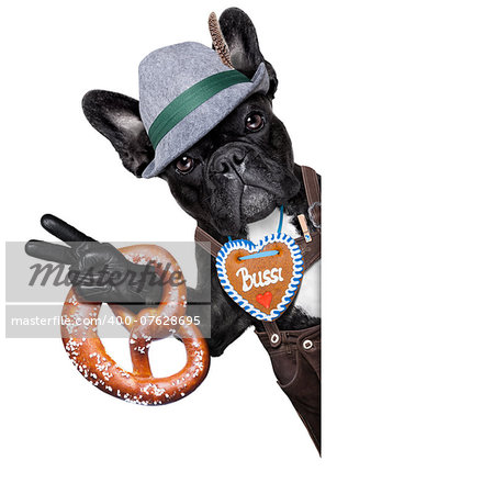 bavarian german dog besides  a white blank banner or placard with peace or victory fingers and  pretzel bread